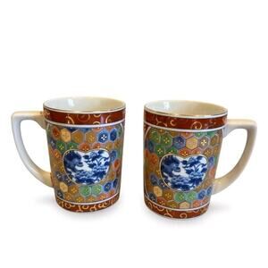 Kozan Gama Japan Imari Mugs Mino Ware Foo Dog Floral Pattern 10oz Set Of 2 GUC